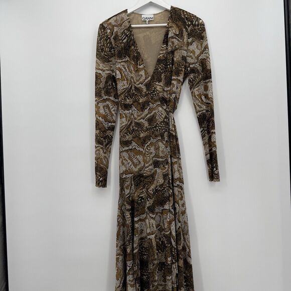 GANNI Tigers Eye Mesh Brown Long Maxi Dress Wrap Size EU 38 (Medium) - Picture 1 of 12